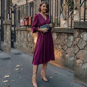 Chicwish Satin Button Down Wrap Burgundy Midi Dress